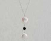 White coin pearl + black onyx pendant, freshwater pearls, gemstone, sterling silver, handmade, feminine, bridal, gift for her, wedding