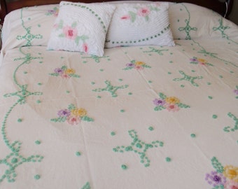 Vintage Chenille Bedspread, older hand tufted pastel popcorn on white with flowers, 89" wide by 104" long - #800-112