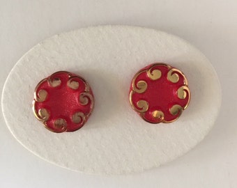 2 Vintage Czech Glass Buttons - Gold Metallic on Red Glass