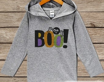 Kids Halloween Shirts - Boo! Spider Hoodie - Boy or Girl Halloween Grey Hoodie Kids Pullover - Halloween Hoodie - Toddler Halloween Costume