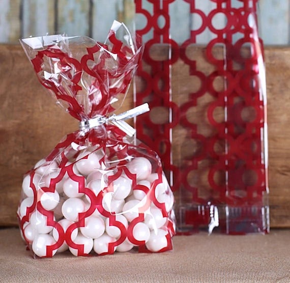 Tile Print Red Cellophane Bags & Twist Ties, Valentines Day Candy Bags