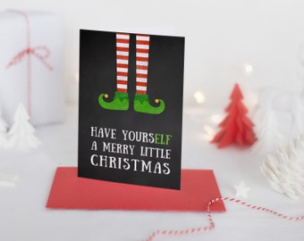 Funny Christmas Cards, Holiday Cards, Elf, Chalkboard, Set of 12 Printed Cards, FREE Ship, HYEMC, Have YoursELF a Merry Little Christmas