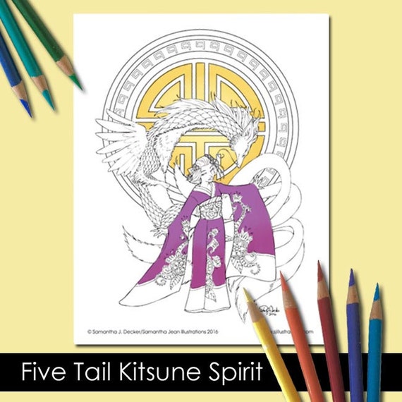 Kitsune Coloring Page for Adults Mythology Adult Coloring