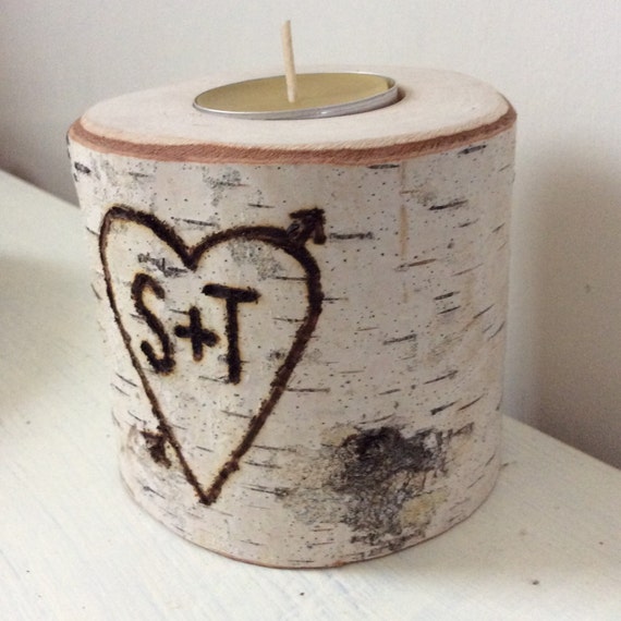 Birch Rustic Tea Light Candle holder Personalized Valentines