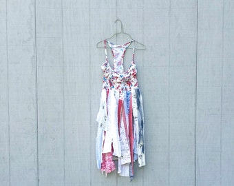 Patriotic 4th of July Forth funky cotton floral tunic upcycled romantic Upcycled clothing flower Dress Eco Dress / Artsy Dress by CreoleSha