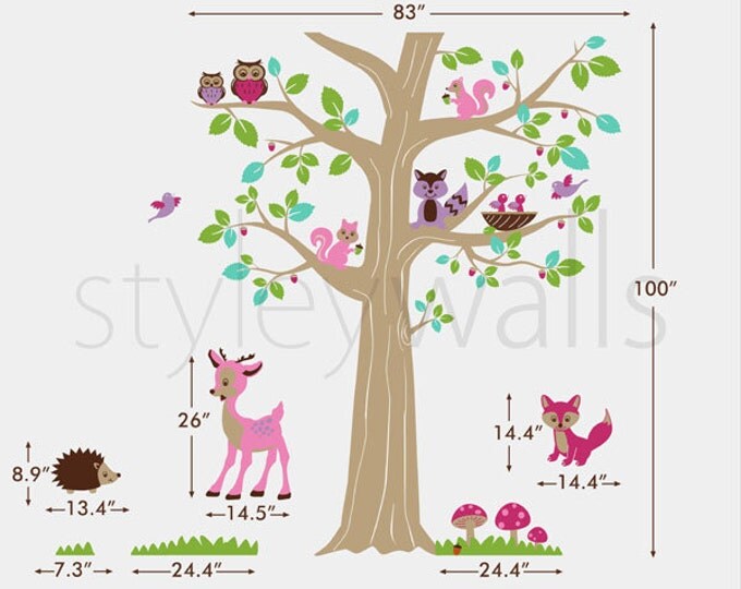 Woodland Animals and Tree Wall Decal, Forest Animals Tree Wall Decal, Deer Bambi Owls Hedgehog Squirrels Fox Wall Decal Nursery Baby Room