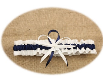 White Satin and Navy Blue Wedding Toss Garter with Airplane Charm
