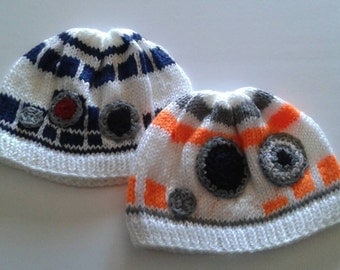 Star wars force awakens bb8 and r2 d2 hats made to ordered. Handknitted hats, robot hats, blue robot, gold robot hats, toddler size hats
