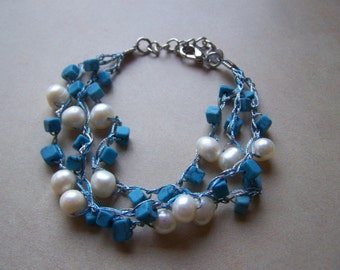 Turquoise and Freshwater Pearl Triple Strand Bracelet