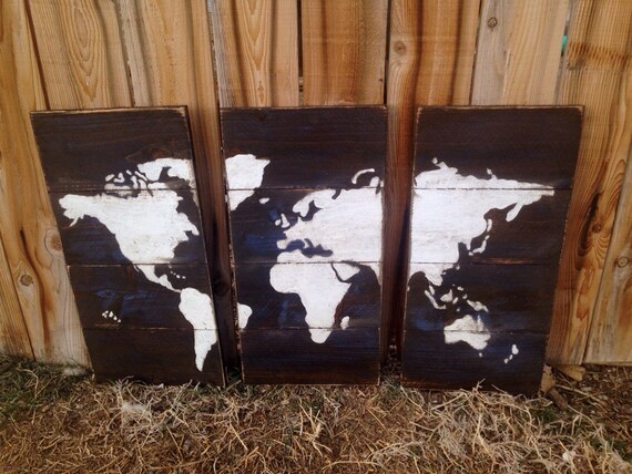 World Map Hand Painted On Cedar Plank Wood 3 Section By