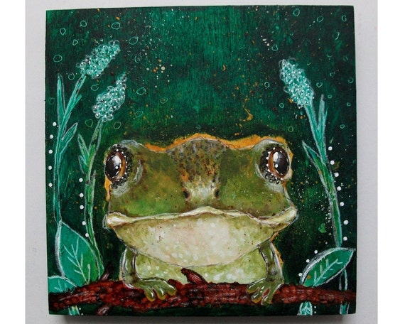 folk art Original frog painting mixed media art painting on