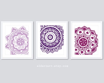 Mehndi Flower Art Prints - Mandala Wall Art - Modern Decor - Flower Wall Art - Set of 3 - Purple Decor - Aldari Art