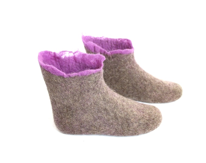 Purple Felted Boots - Wool Shoes - Womens Shoes - Mix and Match - Valenki Boots - Rubber Soles - Gift for Her - Cozy Boots