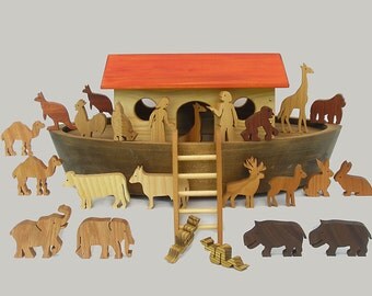 Noahs Ark Play Set, Wooden Noah's Ark Handmade Waldorf Toy for Children Boys and Girls Gift for Babtisms Barmitswa Montessori Biblical Story