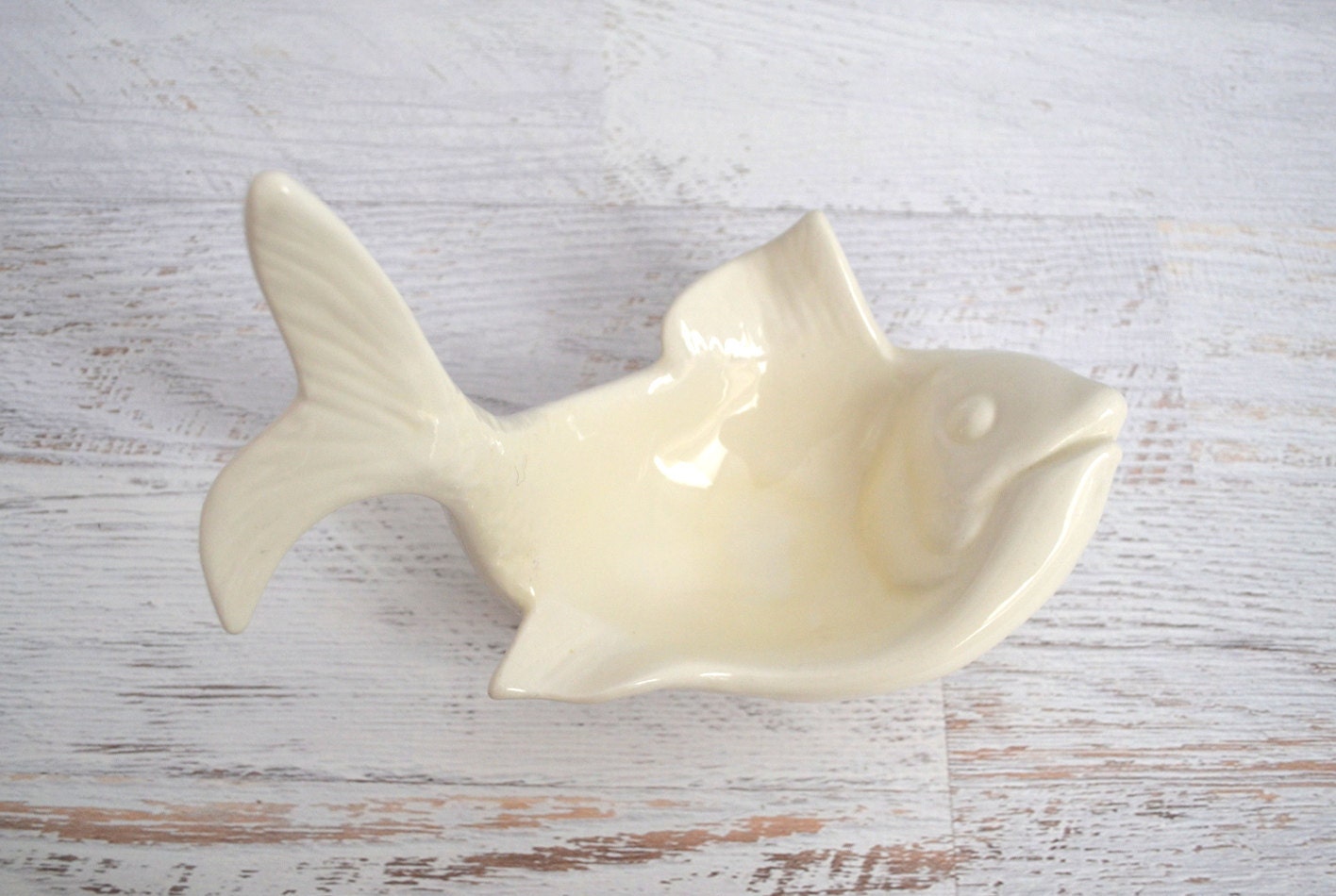 Vintage Trinket Dish White Ceramic Fish Figurine Nautical