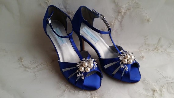 Cobalt Blue Wedding Shoes with pearl and crystal brooch Blue