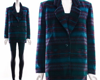 Vtg Dark Teal Purple Burgundy Indian Blanket Jacket Southwestern Blazer Ethnic Wool Jacket Native American Coat Small Medium