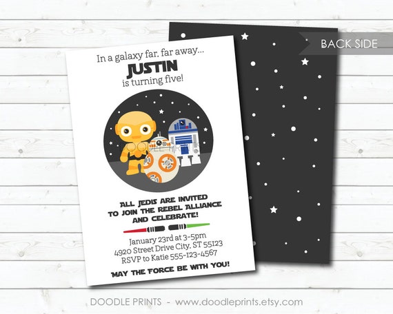 Star Wars Birthday Invitation Droids BB8 R2D2 C3PO Inspired