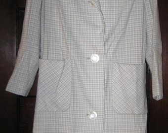 Vintage 1960s Gray and Cream Plaid Wool Coat M