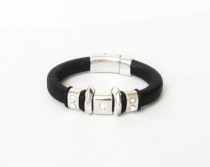 Leather Bracelet, Black Leather Bracelet, Black Leather Crystal Bracelet, Crystal Leather Bracelet, Crystal Bracelet