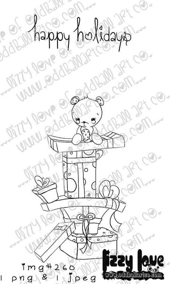 INSTANT DOWNLOAD Digi Stamp Includes Sentiment Kawaii Bear on Stack of Presents ~ Image No.260 by Lizzy Love