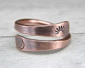 Sun & Moon Copper Ring, Metal Stamped Copper Ring, Copper Wire Ring, Made To Order