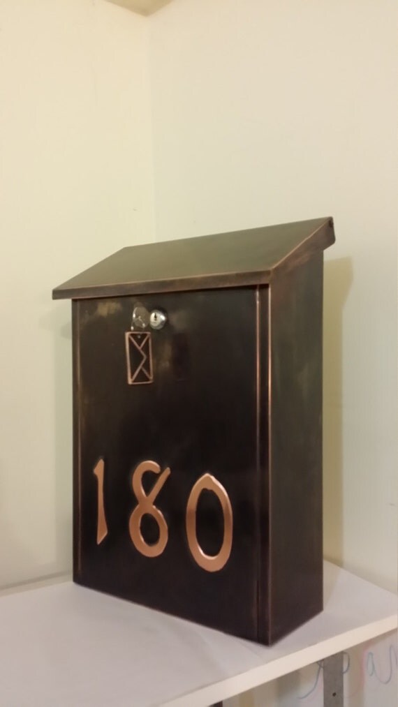 Large patina copper mailbox with house numbers