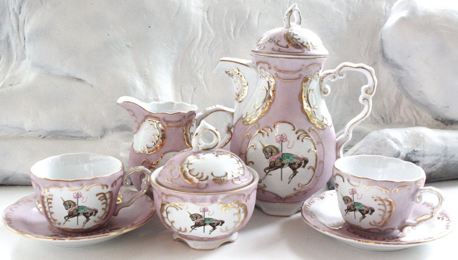 Unicorn Pink and Gold Customized Tea Set Custom Tea Bespoke