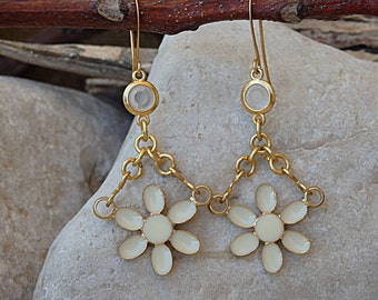 Floral Earrings, White Enamel Earrings, Chanel Earrings Inspired , White Milk Earrings, Swarovski Drop Earrings, Gold Earrings. For bridal