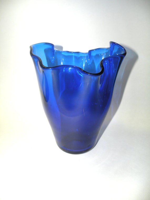 Cobalt Blue Vase Folded Glass Made in Portugal Royal Blue