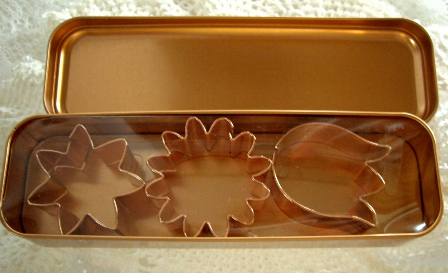 Vintage Copper Cookie Cutters in Storage Tin 1990s