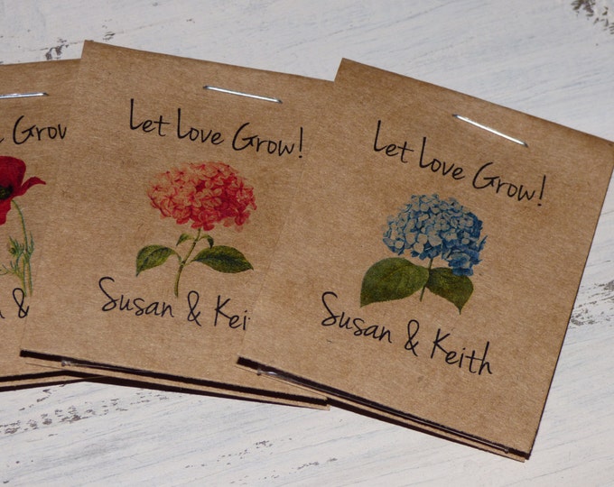 Personalized Red Poppy Blue Pink Hydrangea Rose MINI Seeds Let Love Grow Flower Seed Packet Favors Shabby Chic Rustic Cute Little Favors