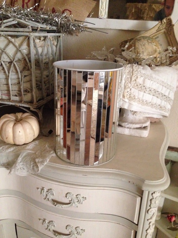 Vintage Mirrored Shabby Waste Basket Trash Can