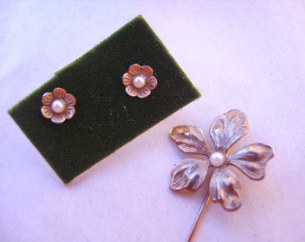 Vintage Demi Parure of Floral PIerced Earrings and Stick Floral Pin