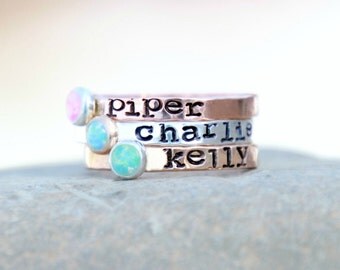 HAND STAMPED Stacking OPAL Ring - Hand Stamped stacking rings with Gemstones - Personalized, silver, pink gold rings - Mothers ring -Wedding