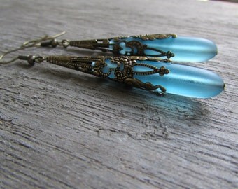 Long sea glass ear rings beach glass jewelry earrings-bridesmaid earrings- teardrop antique bronze extra long earrings