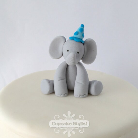 Gumpaste Elephant with Party Hat Cupcake or Cake Topper by