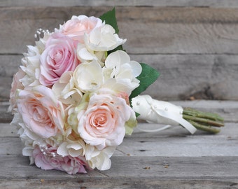 Wedding Flowers, Wedding Bouquet, Keepsake Bouquet, Bridal Bouquet Blush pink and ivory hydrangea with blush coral roses wedding bouquet.