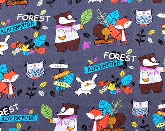 C216 - 145cmx100cm Cotton Fabric - Cartoon - Forest adventure - owl, rabbitand fox