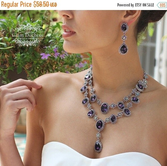 Wedding Jewelry Set Vintage Inspired Purple Crystal By Glamduchess 5881