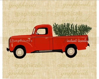 Christmas red truck Tree My drawing instant clip art digital download image for iron on transfer burlap tote pillow Decoupage Card No. 2277