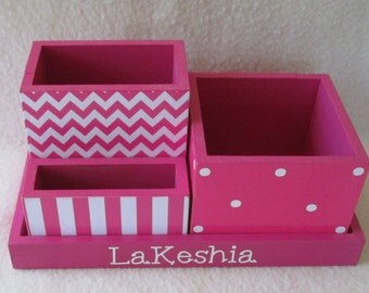 Personalized Desk Organizer - Office or Home Organizer - Pencil Holder Set - Pink Chevron, Polka Dot, Pink Stripe- Decoupaged - Gift