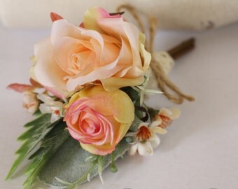 Hemsworth - Men's Buttonhole / Boutonniere - vintage, country Garden style buttonhole, pinky / peach roses, Geraldton wax and grey foliage.