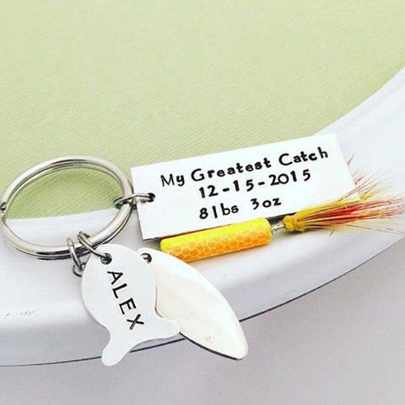 Fathers Day Fishing Lure - Personalized Hand Stamped Key Chain - My Greatest Catch - Mens Gift - Baby Weight - Fish Fishing Dad