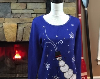 Vintage Ugly Christmas Sweater Royal Blue Embroidered Snowman Isabella's Closet Size Small