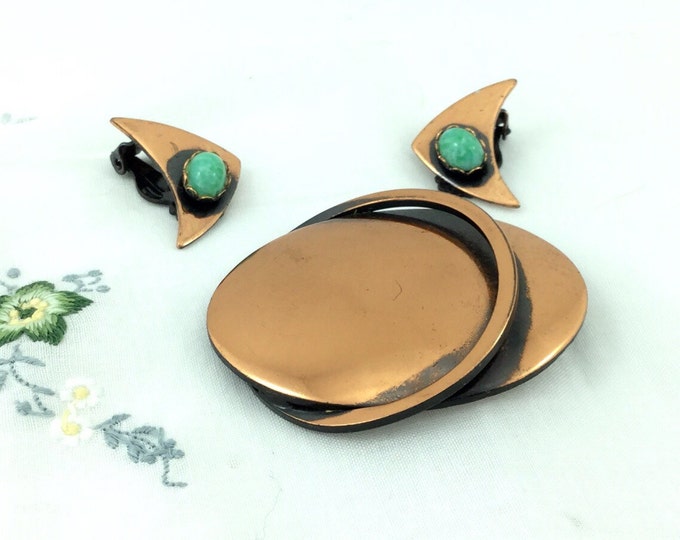 Modernist Copper Brooch and Earrings. Matisse Renoir Brooch, Copper and Turquoise Peking Glass Cabichon. Unsigned Designer Jewelry.