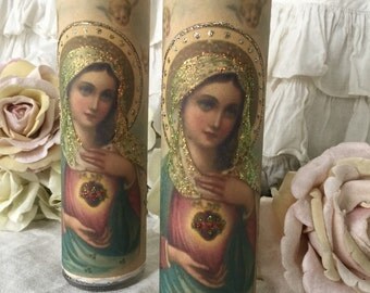 Virgin Mary Prayer Candle, Religious candle, Altar, Shrine, Religious Art, Sacred Heart Of Mary, Unscented Pillar, Catholic, fanny
