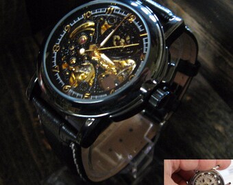 Personalized Engraved Steampunk Mens gear watch, Black w/Black face Black Genuine Leather Band. Great groomsmen gift or groom gift
