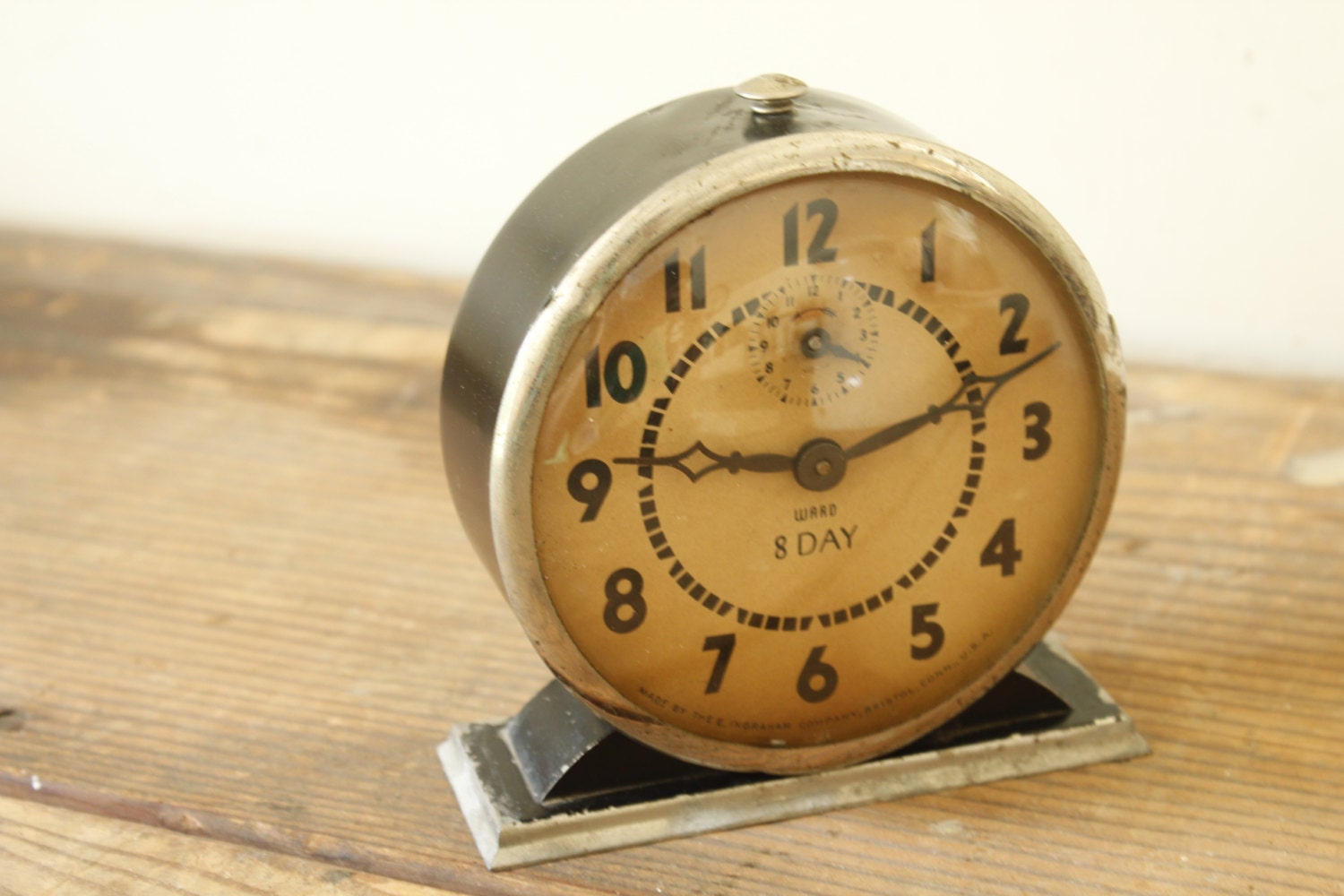 Antique Alarm Clock Ward 8 Day Metal Heavy Shelf Clock Vintage