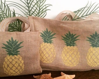 Tropical Pineapple Burlap Beach Tote, Pineapple Print Tote, Burlap Beach Bag, Burlap Beach Tote, Beach Tote Bag, Hawaii Tote Bag, Hawaii Bag